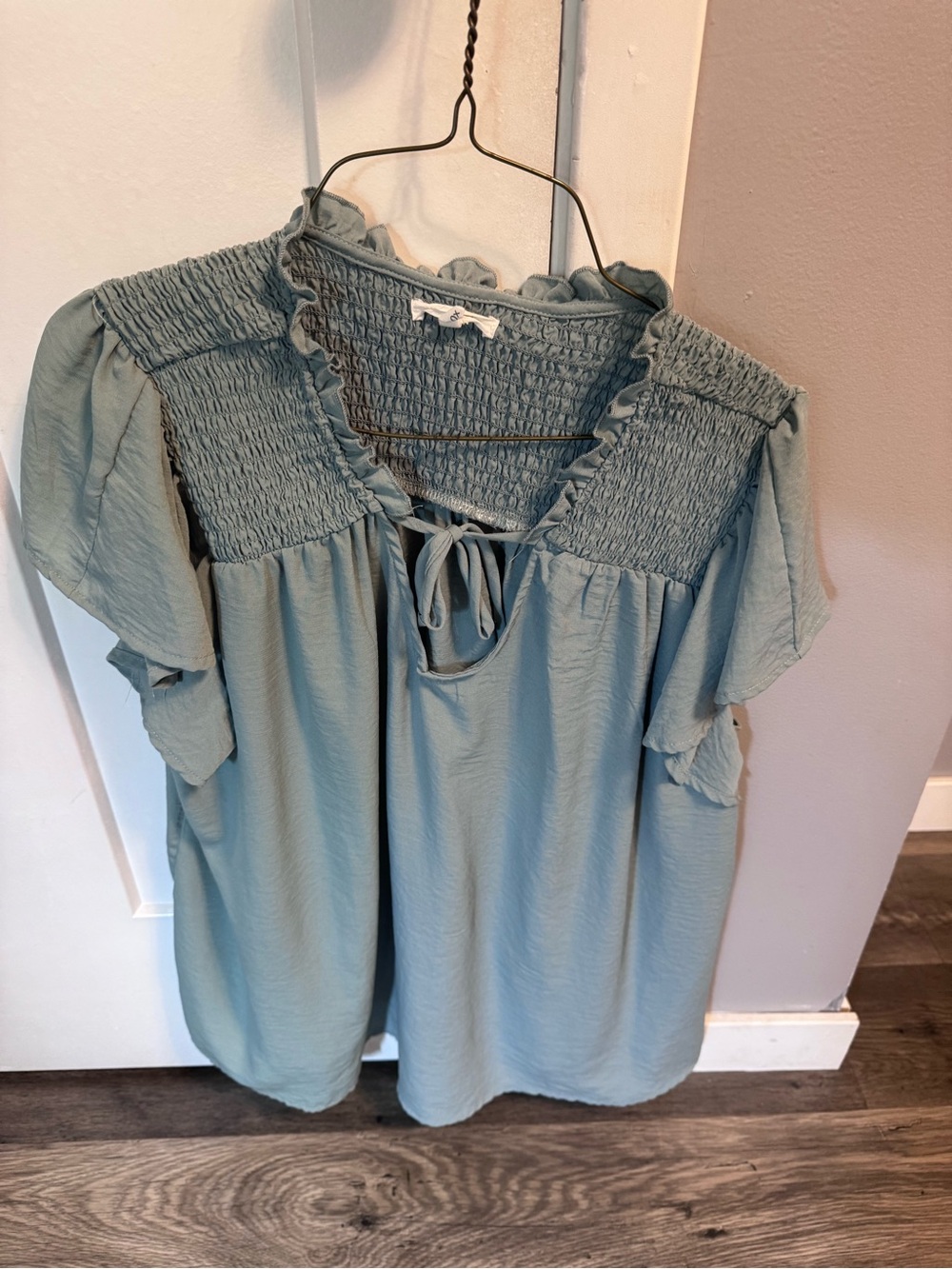 Smocked Ruffle Tie-Neck Blouse - Light teal